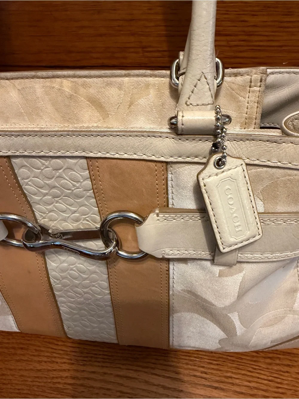 Coach Hampton Optic Signature Carryall Cream & Tan Leather-Trim Satchel Handbag